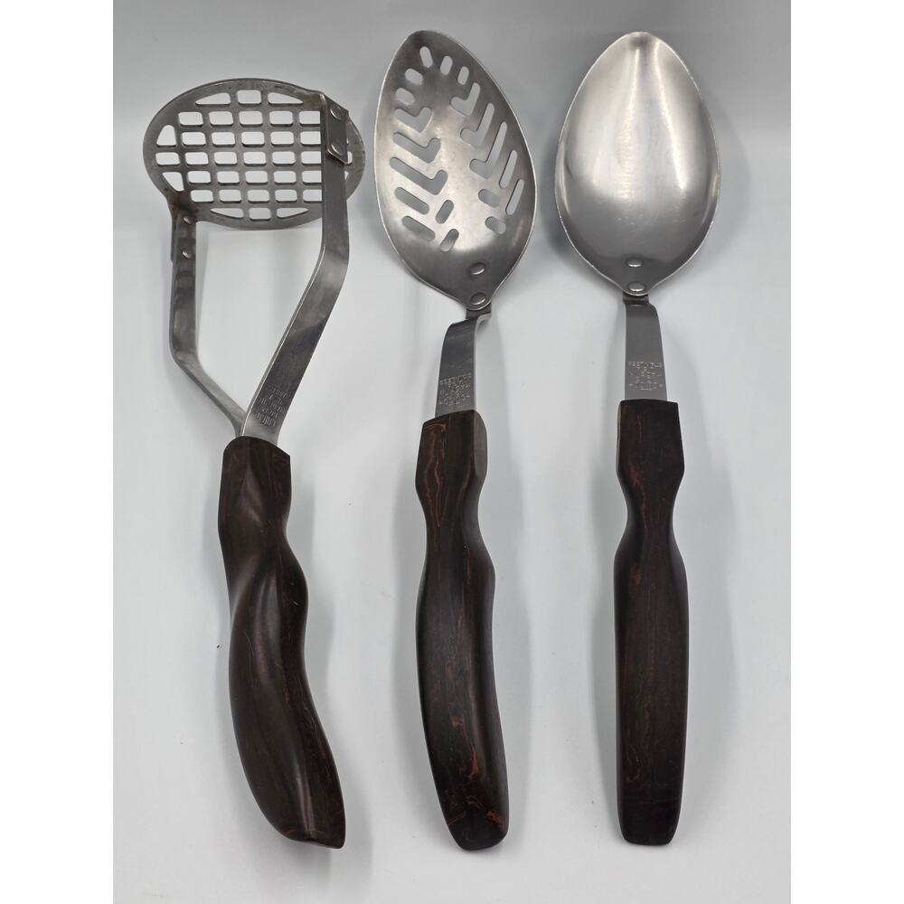 CUTCO Serving Utensil Set 3 Pc Slotted Spoon Basting Serving Masher Brown Swirl
